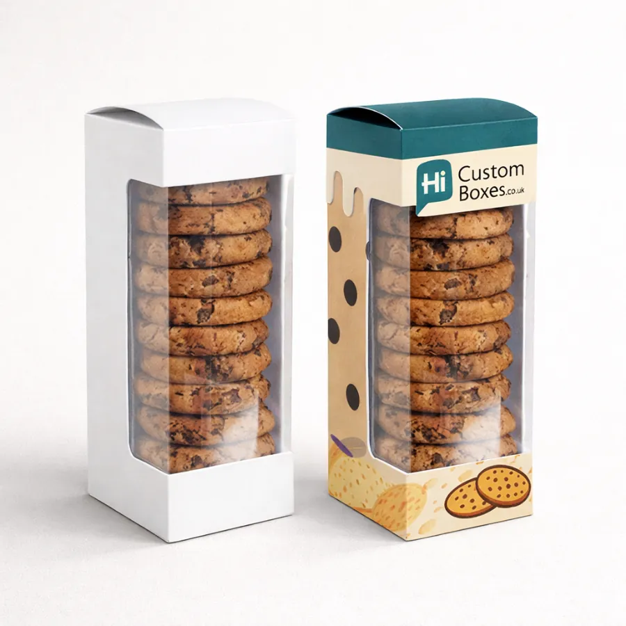 Two gable-top biscuit boxes featuring a rectangular display window and printed colourful patterns-